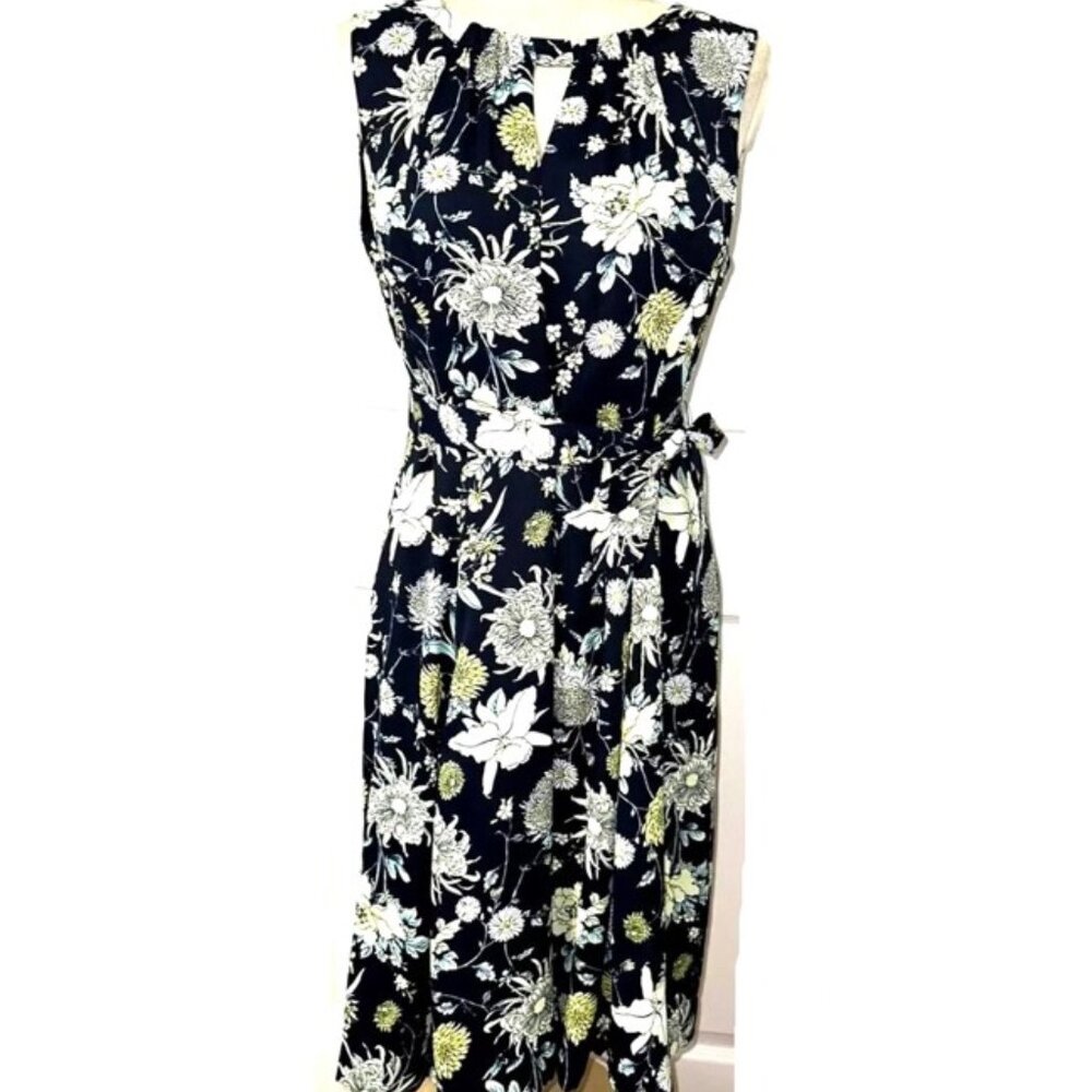 Jones New York Collection Navy Floral Sleeveless Lined Chiffon Dress Sz 12